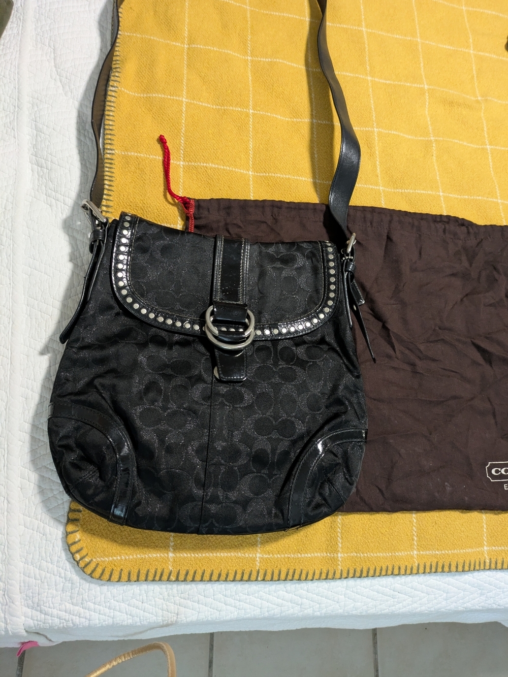 Coach VINTAGE Black Signature Crossbody with Studded Flap and Buckle